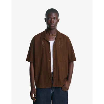 Bershka Embroidered Short Sleeve Shirt Men M Brown