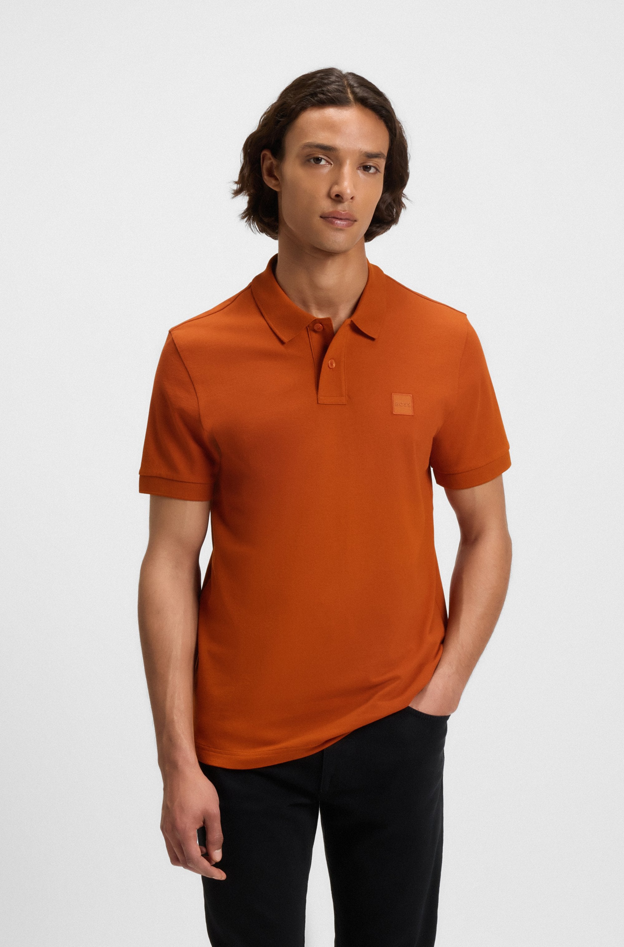 Poloshirt BOSS ORANGE "Passenger", Herren, Gr. M, orange (open orange842), Jersey, Obermaterial: 95% Baumwolle, 5% Elasthan, Basic hüftbedeckend, hoch geschlossener Ausschnitt, eng Bündchen, Shirts, mit Polokragen