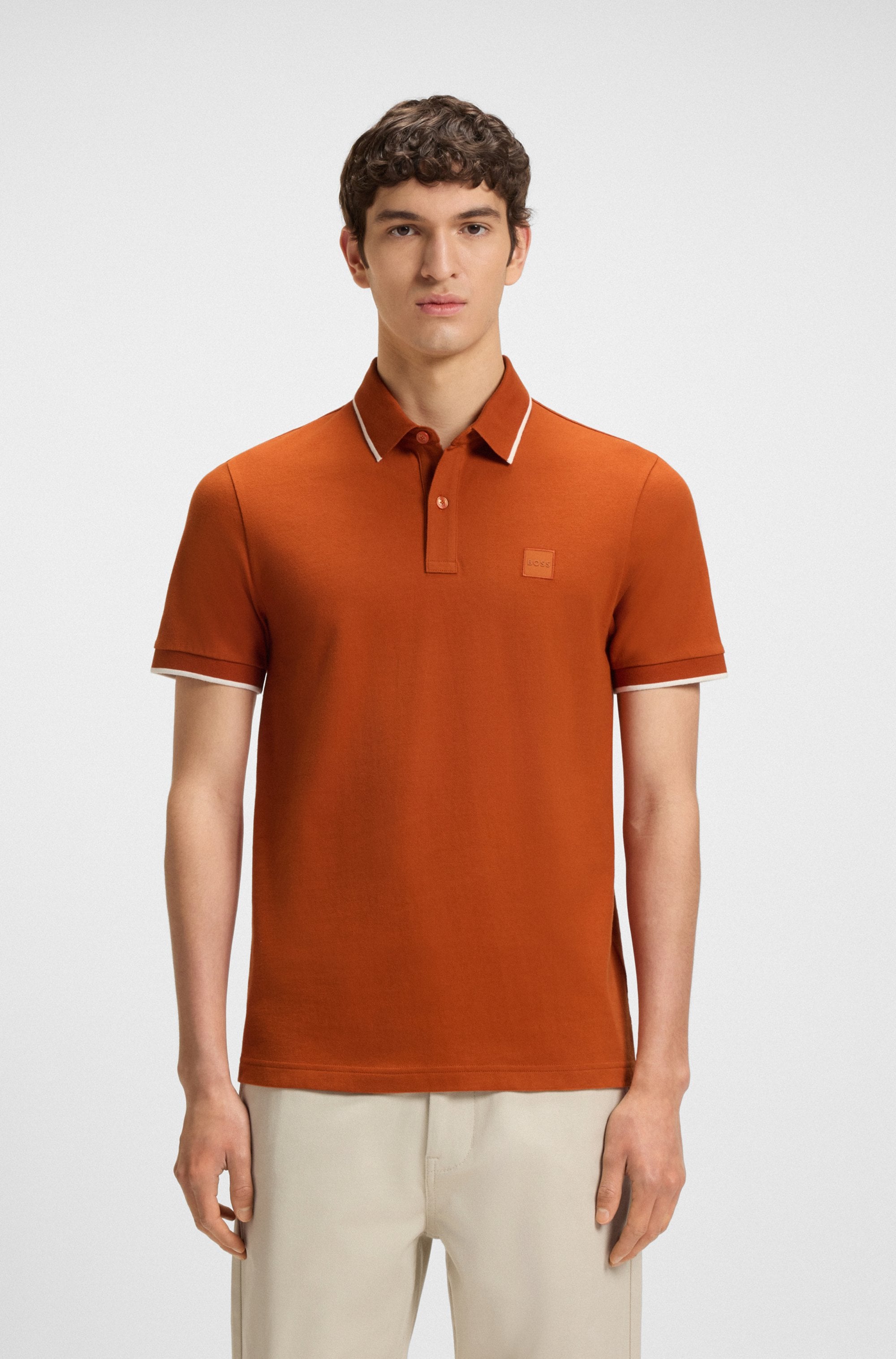 Poloshirt BOSS ORANGE "Passertip", Herren, Gr. M, orange (open orange842), Piqué, Obermaterial: 95% Baumwolle, 5% Elasthan, slim fit hüftbedeckend, V-Ausschnitt, eingesetzt Bündchen, Shirts, mit BOSS Logo-Badge