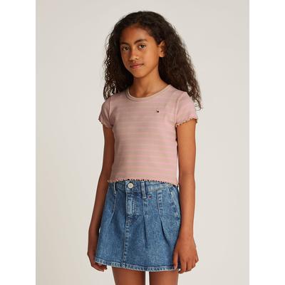 T-Shirt TOMMY HILFIGER, Mädchen, Gr. 10 (140), pink (classic beige, pink sugar), Rippware, Obermaterial: 95% Baumwolle, 5% Elasthan, gestreift, normal, Rundhals, Kurzarm Rollkante, Shirts, mit Streifenmuster Image