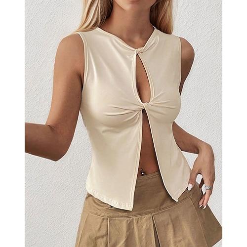Damen Bluse Einfach Modern Lässig Ärmellos Rundhalsausschnitt Normale Oberteile Täglich Ferien Ausschnitt Aprikose Sommer