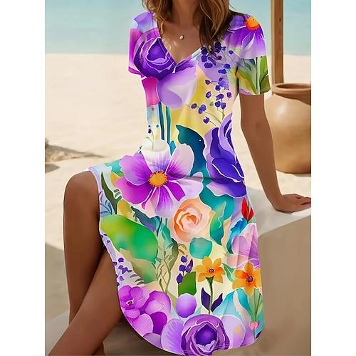 Damen Minikleid T-Shirt-Kleid Sommerkleid A Linie Kleid Urlaub Lässig Strand Täglich Ferien Strand Normale Passform Ombre Blumen Grafik Kurzarm V Ausschnitt Gelb Blau Purpur Fuchsie Sommer