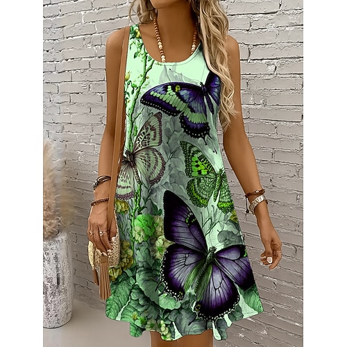 Damen Minikleid Sommerkleid A Linie Kleid Schulterfreies Kleid Urlaub Lässig Ferien Strand Normale Passform Blumen Grafik Schmetterling Ärmellos Rundhalsausschnitt Hellgelb Blau Purpur Grün Sommer Image