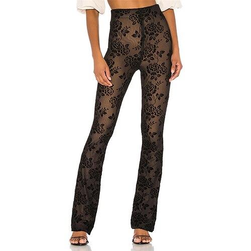 Damen Stoffhosen Hosen Hose Mode Streetwear Volle Länge Natürliche Taille Blume Durchsichtig Bequem Mikroelastisch Party Alltagskleidung Schwarz Sommer Frühling Normale Passform