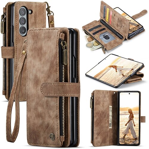 Handy Hülle Handyhüllen Für Samsung Galaxy Z Fold 7 Z Fold 6 Z Fold 5 Brieftaschenhülle Reisverschluss mit Trageriemen Ständer TPU PU-Leder Image