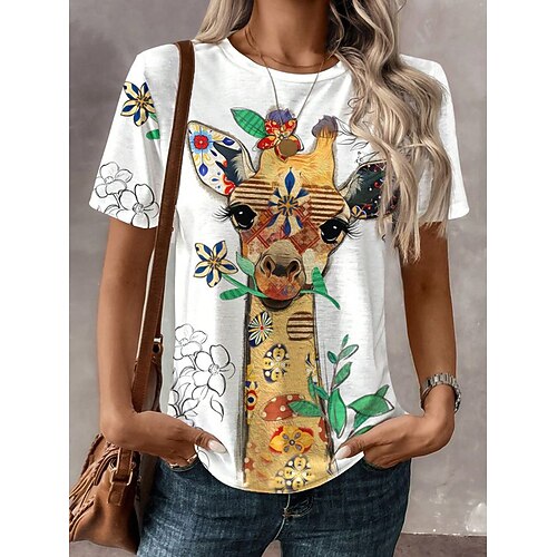Damen T Shirt Druck Grafik Tiermotiv Vintage Stilvoll Klassisch Kurzarm Rundhalsausschnitt Normale Oberteile Täglich Wochenende Gelb Orange Grün Khaki Hellgrau Sommer Image