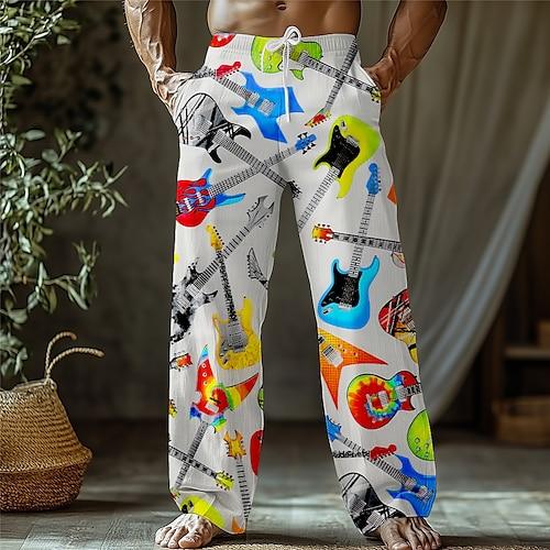 Herren Hose Baggy-Hosen Freizeithose Seitentaschen Elastischer Bund Weites Bein Gitarre Musikinstrument Volle Länge Outdoor Urlaub Ferien Retro Vintage Schwarz Weiß Unelastisch