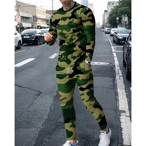 Herren Sweatshirt Trainingsanzug Jogginganzug Grün Grau Rundhalsausschnitt Tarnung 2 teilig Sport Outdoor Täglich Ferien Polyester Streetwear Basic Lässig Frühling Herbst Bekleidung Kapuzenpullover Image