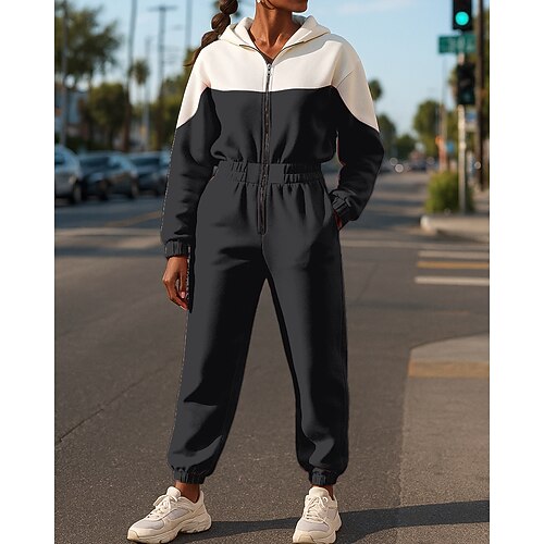 Damen Trainingsanzug Jogginghose Kapuzenjacke Mit Kapuze Reißverschlusstasche Farbblock Kombination Herbst Winter Schwarz Rosa Fitnessstudio Training Laufen Winddicht Langarm Sport Sportkleidung Image
