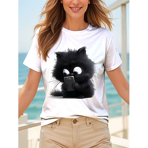 Damen T Shirt Druck Grafik Tiermotiv Katze Vintage Stilvoll Klassisch Kurzarm Rundhalsausschnitt Rundhals Normale Oberteile Täglich Wochenende Blau Weiß Rote Purpur Grün Sommer Frühling Image