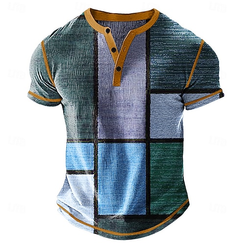 Herren Grafik Karomuster Henley Hemd Waffel-T-Shirt Kurzarm Täglich Retro Vintage Klassisch Sport im Freien Lässig Ferien Frühling Sommer Ganzjahres Blau Gelb Grün Khaki Henley Henley T-Shirt Image