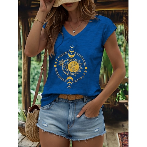 Damen Bluse Druck Grafik Geometrisch MOON Vintage Stilvoll Lässig Ärmellos V Ausschnitt Normale Oberteile Täglich Blau Schwarz Weiß Rote Leicht Braun Sommer Image