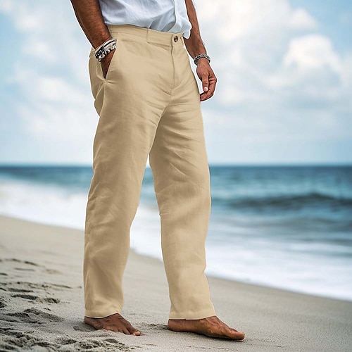 Herren Leinenhosen Hose Anzughose Sommerhose Baggy-Hosen Fronttasche Gerader Schnitt Einfach Komfort Atmungsaktiv Volle Länge Formell Geschäft Ferien Urlaub Mode Weiß Marineblau Unelastisch Image