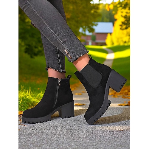 Chelsea-Stiefel aus Wildlederimitat für Damen – Stiefeletten mit Blockabsatz und Profilsohle für herbstliche Ausflüge auf den Bauernhof, Landstraßen und zum Kürbispflücken Image
