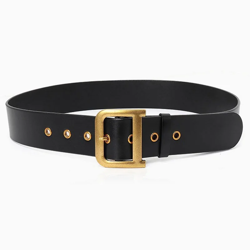Damen-Gürtel aus schwarzem Echtleder mit goldener Schnalle und ausgehöhlter, modischer Trend-Gürtel mit perforierter quadratischer Schnalle Image