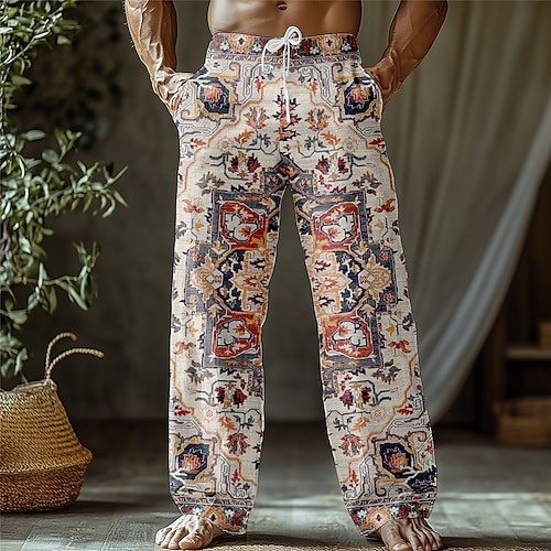 Herren Persisches Blumenmuster Hose Baggy-Hosen Freizeithose Mittlere Taille Ethno-Stil Böhmische Outdoor Urlaub Ferien Kordelzug Seitentaschen Elastischer Bund Sommer Frühling 3D-Druck Aprikose Image