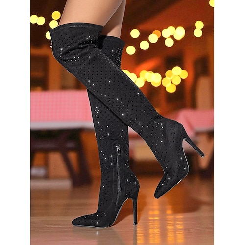 Overknee-Stiefel mit hohem Absatz und Strasssteinen für Damen – funkelnde Partyschuhe mit spitzer Spitze für das Nachtleben und Club-Outfits Image