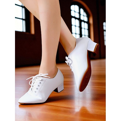 Weiße Tanzschuhe zum Schnüren für Damen – Professionelles Übungsschuhwerk mit niedrigem Absatz für Standard-, Latein- und Jazz-Tanztraining Image