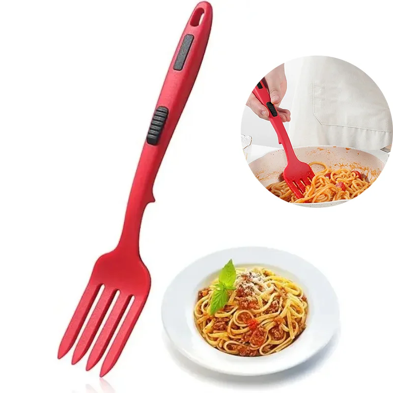 Flexible Silikon-Kochgabel, hitzebeständiges Nudel-Nudelwerkzeug, ergonomischer Griff, rotes Küchenutensilien zum Kochen von Spaghetti Image