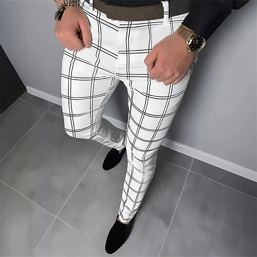 Herren Geometrisch Karo / Karomuster Anzughose Hose Mittlere Taille Business-Casual Formell Alltagskleidung Slim Fit Hose mit Taschen Frühling Herbst 3D-Druck Schwarz Weiß Image