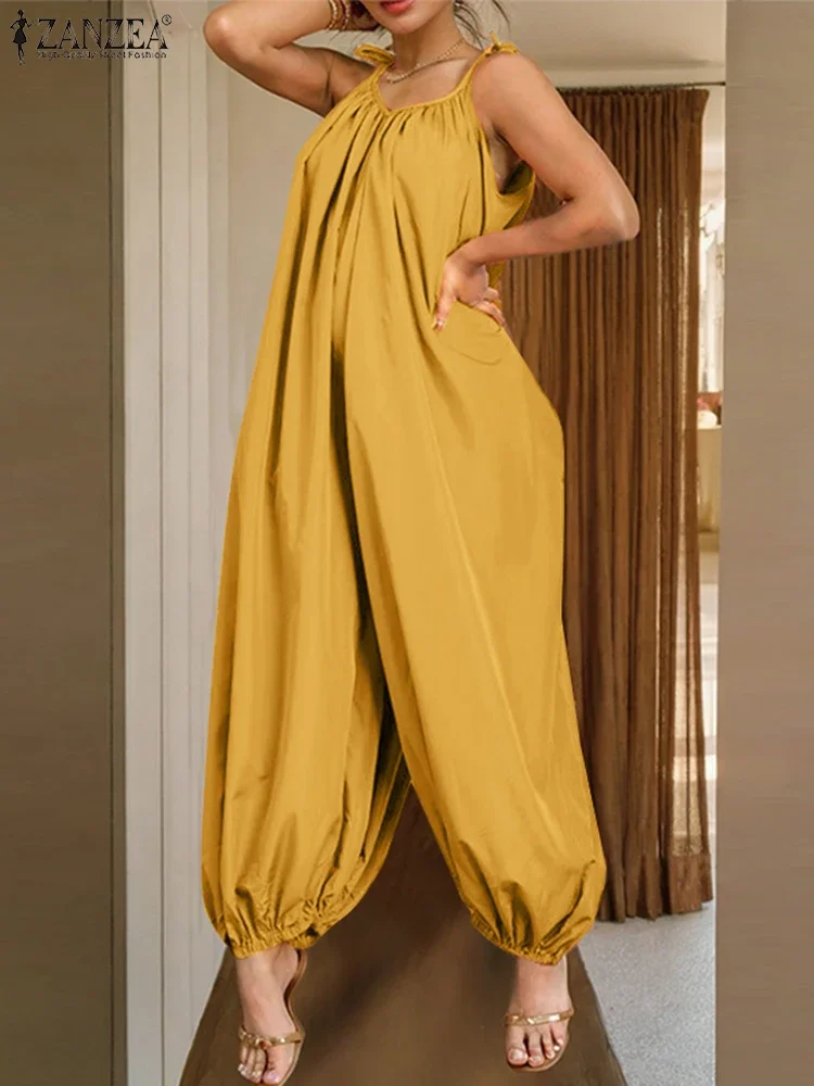 ZANZEA 2025, Mode Frauen Casual Lose Overall Sexy Liebsten Overall Feste Bandage Falten Insgesamt Sommer Harem Hose Overall Image