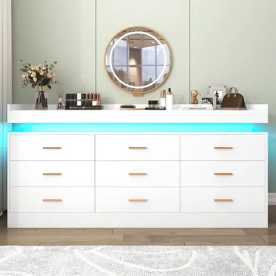 9 Drawer Dresser With LED Light And Charging Station, Modern Chest Of Drawers For Closet, Wide Drawer Organizer Cabinet For Bedr