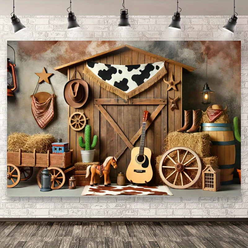 Hintergrund einer ländlichen westlichen Bauernhofparty, ausgestattet mit Heuhaufen und Wagenrädern, geeignet für Geburtstage und Einweihungsparty Image