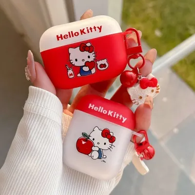 Hello Kitty Airpods Pro Fashion Bicolor Weiche TPU-Kopfhörerhülle für Apple Airpods Pro2 Airpods 4/3/2/1 mit rotem Glockenanhänger Image