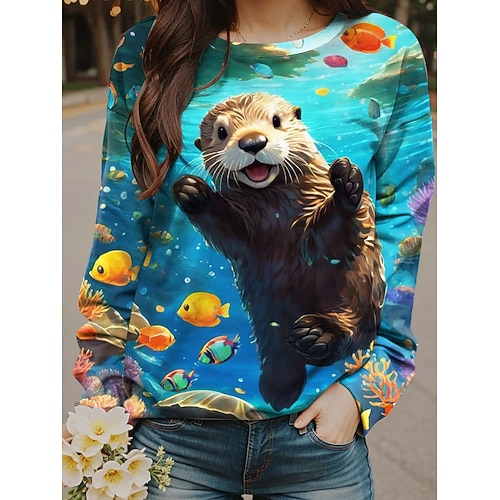 Damen Sweatshirts Druck Grafik Tiermotiv Lässig Langarm Rundhalsausschnitt Normale Oberteile Straße Alltagskleidung Blau Braun Grün Herbst Winter