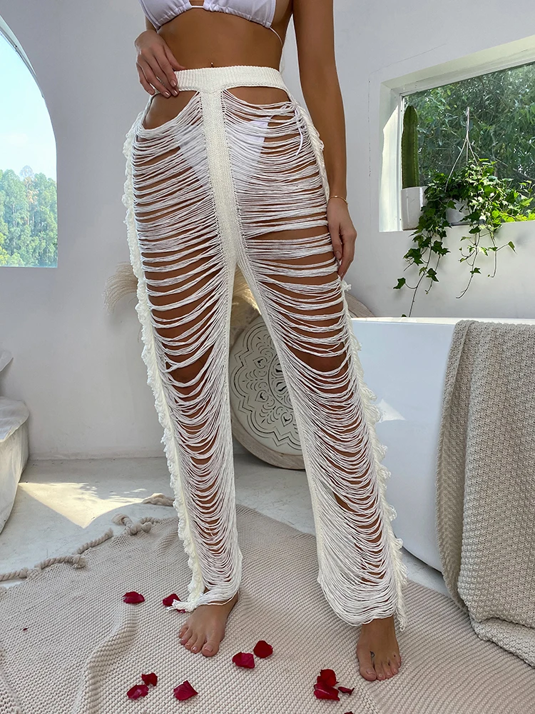 Strand-Cover-Up-Badeanzughose, Netz-Badeanzug, aushöhlen, Strandmode, gestrickter Badeanzug, ausgehöhlte Hose, hohe Taille, Streetwear