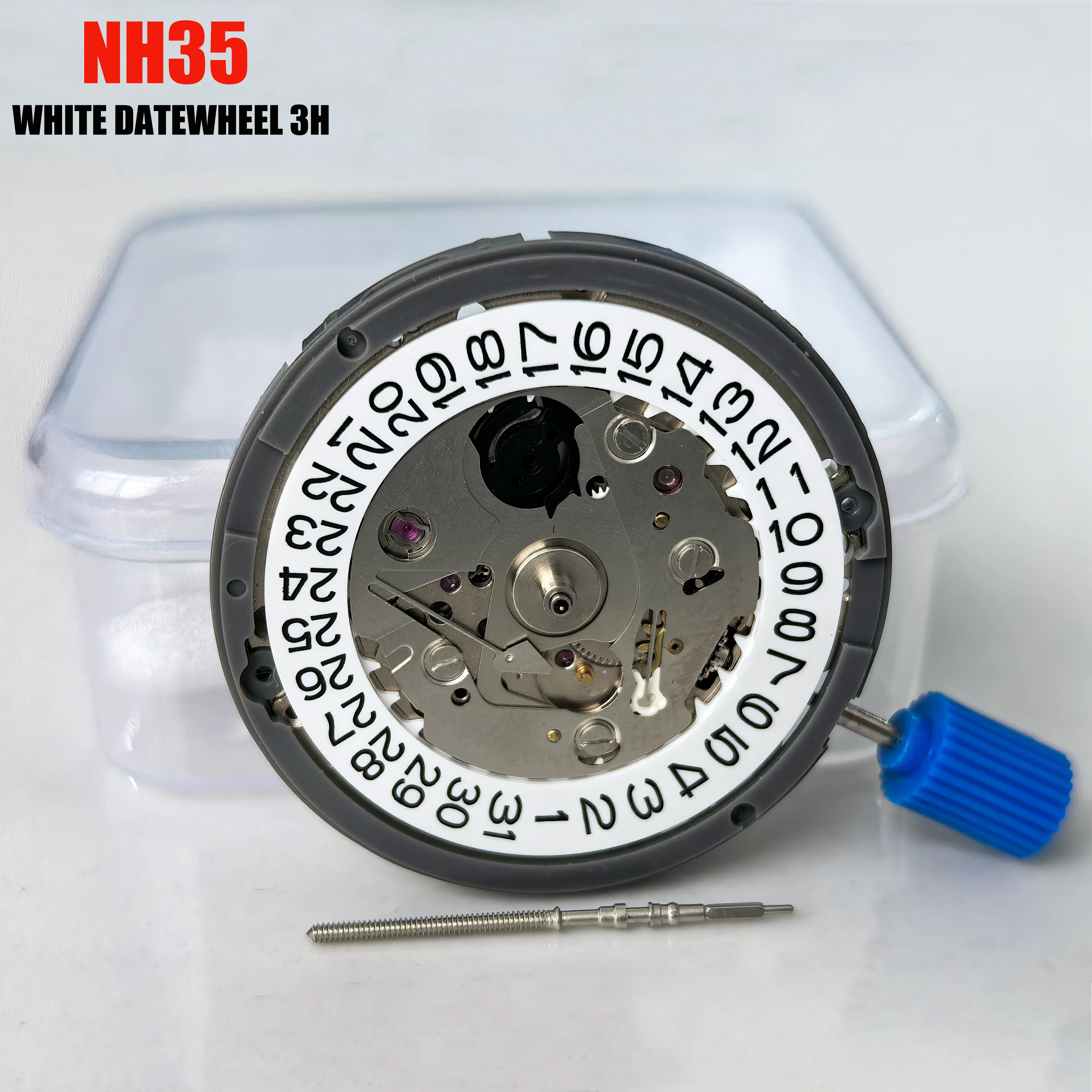 Neues NH35-Automatikwerk, 24 Schmuckstücke, hohe Genauigkeit, mechanisch, weiß, Tag und Datum, 3-Uhr-Krone, 3,8-Zoll-Uhr-Krone für Seiko NH35A Image