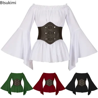 Mittelalterliches Piratenhemd für Damen, Halloween, Renaissance, Retro, lässig, Bühnenauftritte, Blusen, schlanke Dame, lange Rüschenärmel, Oberteile Image