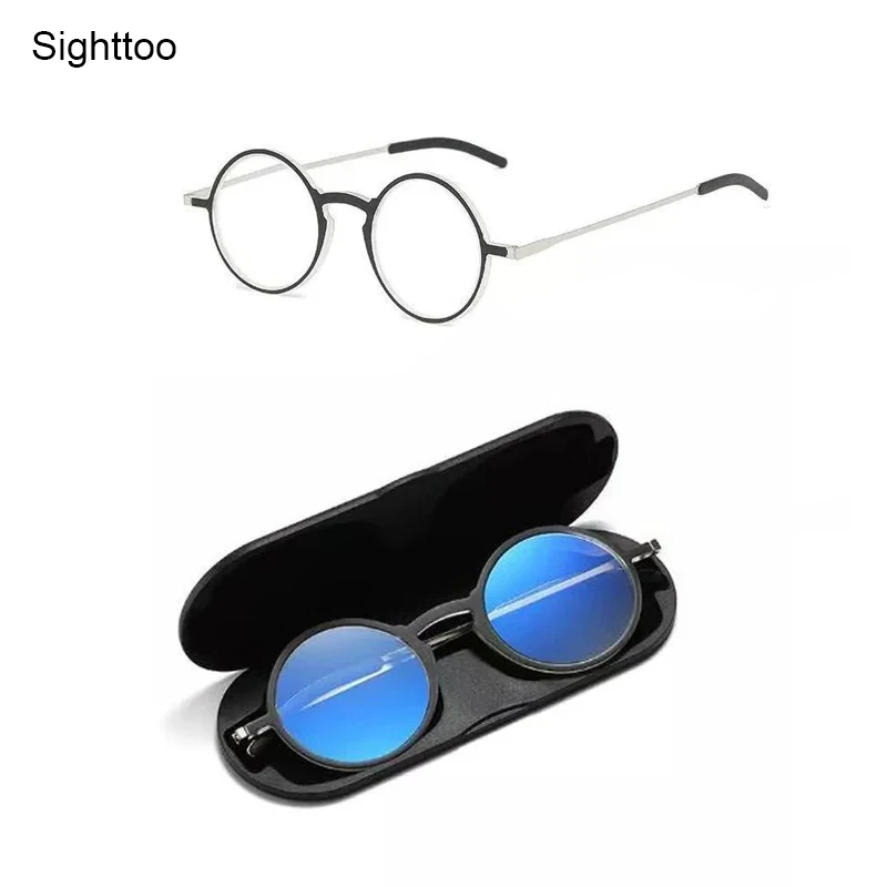Sighttoo Ultradünne tragbare TR90 Presbyopie-Brille mit Magnetetui für Herren und Damen, Weltraum-Aluminium, Anti-Blue-Ray-Lesebrille Image