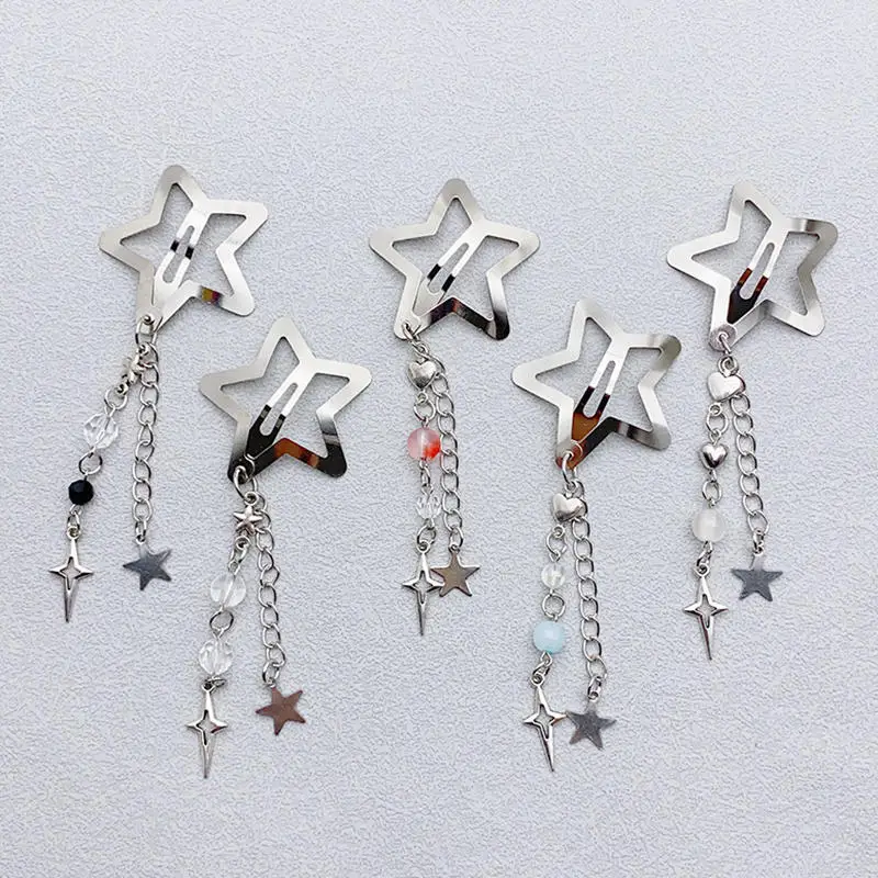 2/10PCS Nette Stern Fringe Pendent Haar Clips Haarnadel für Frauen Mädchen Punk Metall Pentagramm BB Clips Barrettes haar Zubehör Image