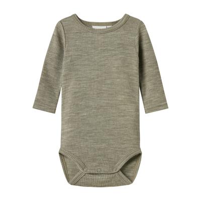 Langarmbody NAME IT "NBNWAX WOOL RIB LS BODY NOOS", Baby, Gr. 56, N-Gr, grün (dried sage), Rippstrick, Obermaterial: 100% Wolle, unifarben, casual, Rundhals, Langarm, Bodies, aus reiner Merinowolle Image