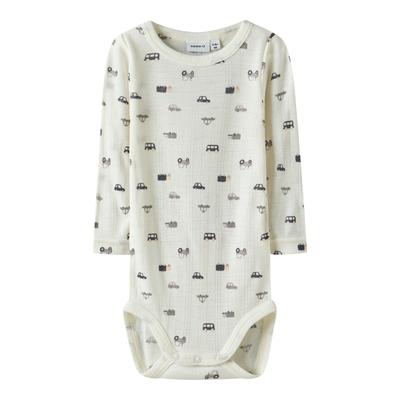 Langarmbody NAME IT "NBMWANG WOOL NEEDLE LS BODY NOOS", Baby, Gr. 62, N-Gr, snow weiß aop:small cars, Strick, Rippware, Obermaterial: 100% Wolle, bedruckt, casual, Basic, Rundhals, Langarm abgesteppte Kante, Bodies, aus reiner Merinowolle Image