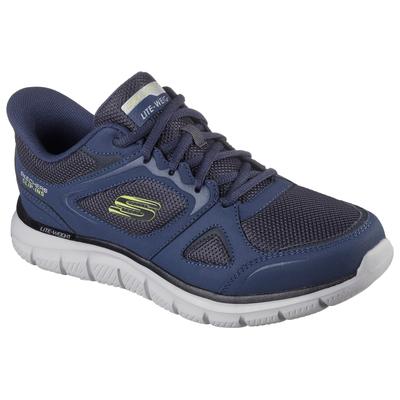 Slip-On Sneaker SKECHERS "TRACK", Herren, Gr. 45, bunt (navy, limette), Leder, Textil, casual, Schuhe, Freizeitschuh, Schnürschuh mit Memory Foam Image
