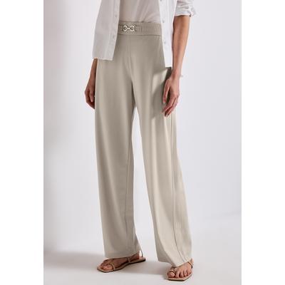 Stoffhose STREET ONE, Damen, Gr. 40, Länge 32, silkstone weiß, Web, Obermaterial: 56% Viskose, 34% Polyamid, 10% Elasthan, unifarben, casual, lang, Hosen, Sommerhose mit schimmerndem Schnallendetail und weitem Bein Image