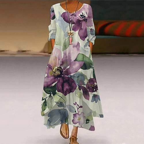 Femmes Robe Longue Maxi Robe Robe Décontractée Robe Imprimée Élégant Mode Classique Extérieur Vacances Fête Coupe régulière Fleur manche longue Col en V Violet Printemps Automne