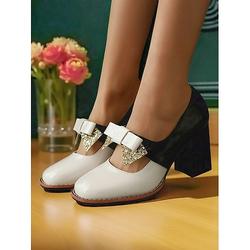 Escarpins Mary Jane en cuir verni noir et blanc pour femmes – Escarpins style années 50 avec nœud pailleté pour femmes et adolescentes, parfaits pour les fêtes, le cosplay et les tenues rétro