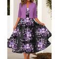 Femmes Robe Ensemble Robe Midi Vacances Fête Fleuri Imprimé Robe Midi Manche 3/4 Col ras du cou Quotidien Jaune Bleu Violet Printemps Automne Coupe régulière