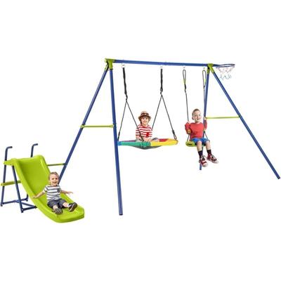 4-in-1-Schaukelset, Schaukelgestell mit Schaukel, Rutsche & Basketballkorb, Schaukelgerüst mit Image