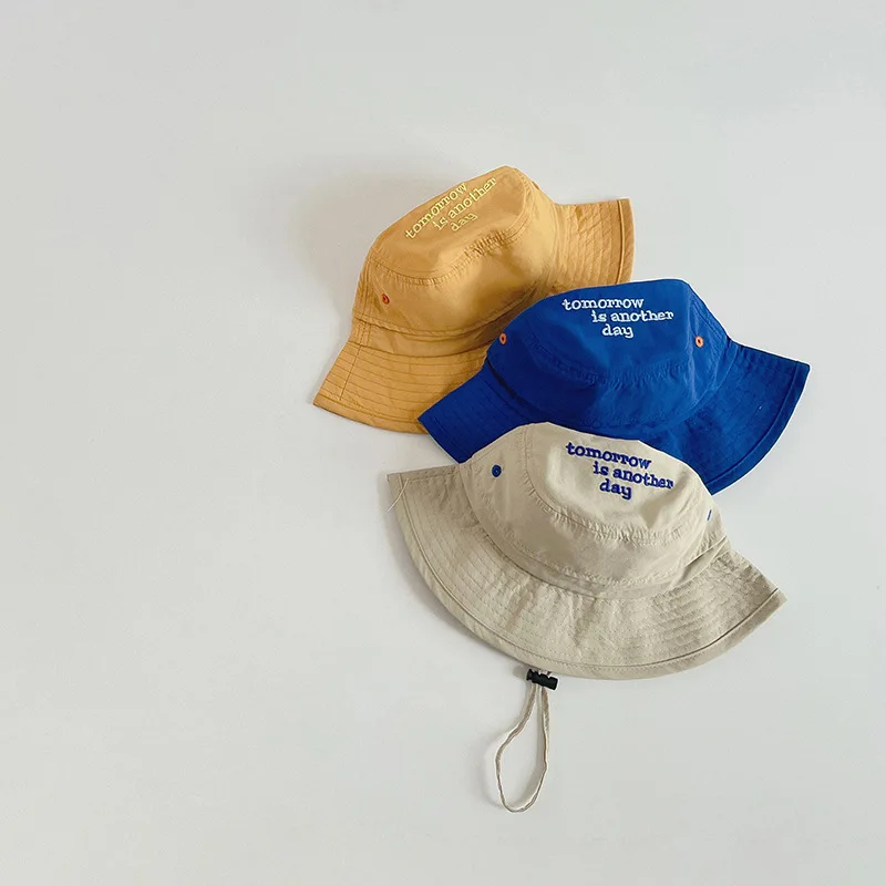 Sommer Quick-Dry Baby Kinder Eimer Hut Einfarbig Brief Kinder Fischer Hut Im Freien Reise Strand UV Schutz Kinder sonne Kappen Image