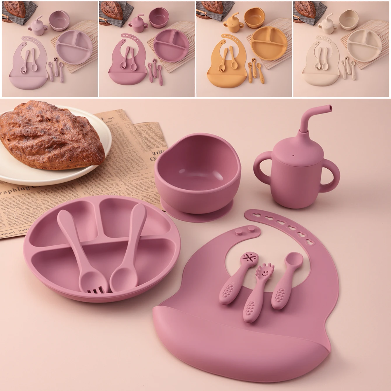 Farbe Kinder 9PCS Baby Fütterung Set Silikon Schüssel Gerichte Platte Wasserdichte Lätzchen Saug Utensilien Schnabeltasse BPA FREI Kleinkind geschirr Image