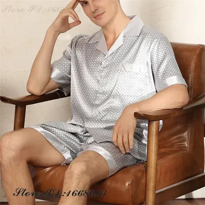 Sommer Neue Männliche Pyjamas Set Lounge Tragen Print Kurzarm Shirt & Shorts Pijamas Anzug Lose Seidige Satin Nachtwäsche Hause kleidung Image
