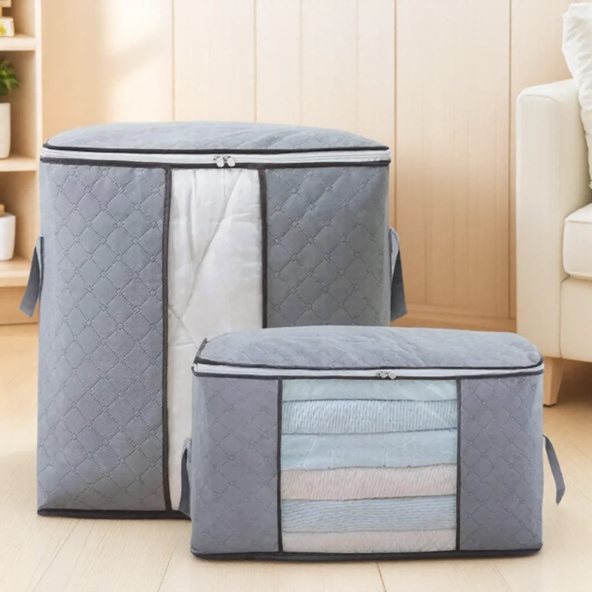 Extra große wasserdichte Stoff-Aufbewahrungstasche – dicker Vlies-Organizer für Kleidung und Steppdecken mit Reißverschluss – Heimgebrauch, Größe S, M, L