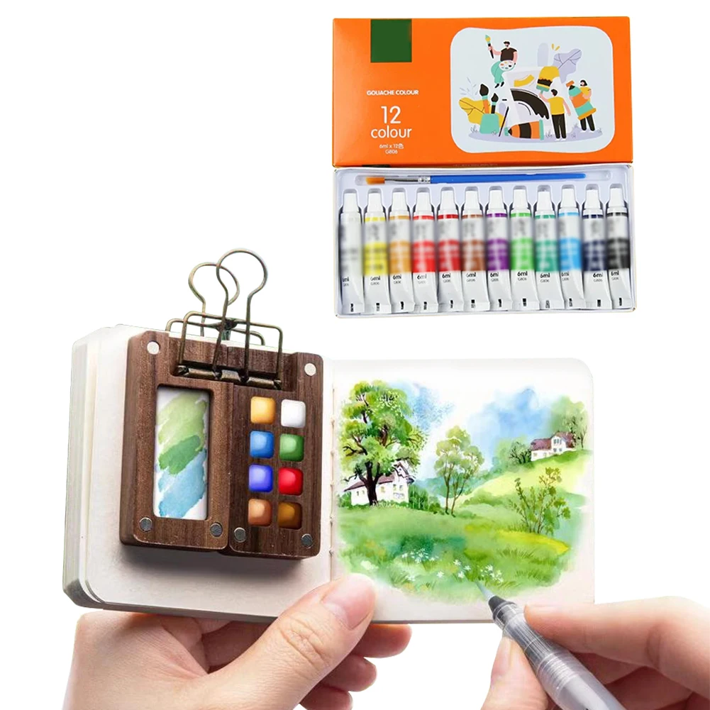 Reise-Farbpalette, Taschenkünstler-Aquarell-Set, Mini-Aquarell-Palette-Set, Holzgitter-Farbkasten für Künstler und Studenten Image