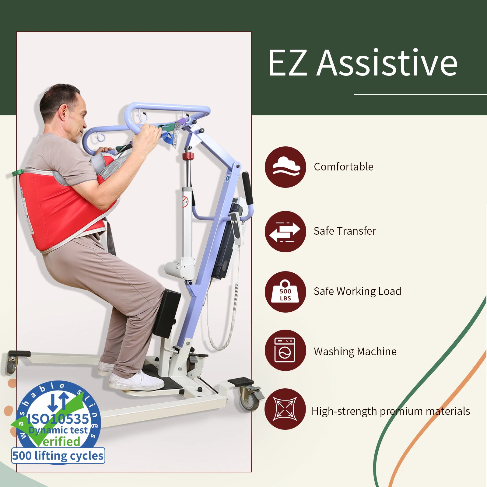 EZ Assistive Sit-to-Stand-Lift-Sling mit gepolsterter Rückenstütze für behinderte Patienten, sichere Übertragung und Standhilfe SWL, 500 Pfund Image