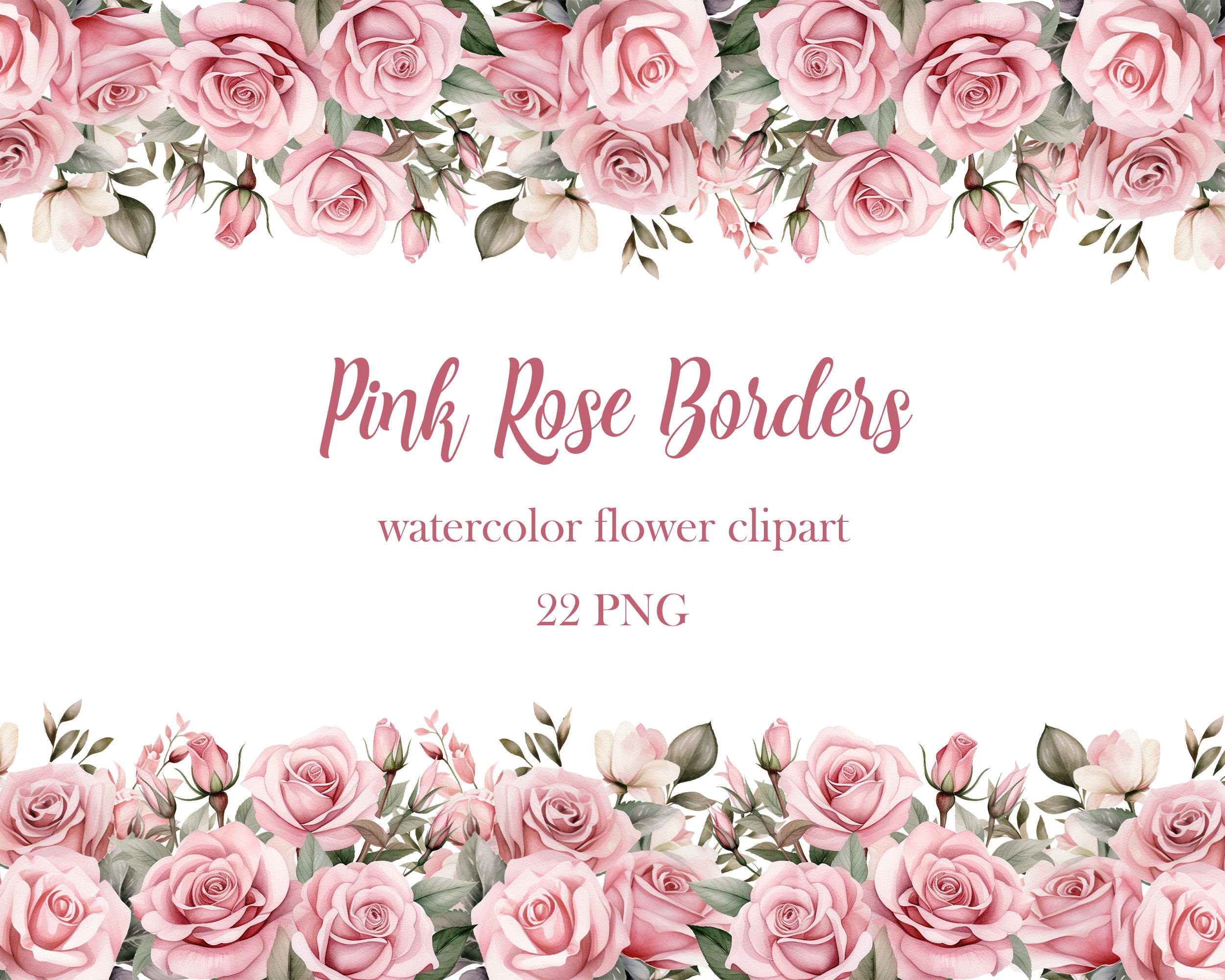 Clipart con bordo di rose rosa, pacchetto di clipart di rose acquerellate, PNG di rose rosa, fiori da matrimonio, cornice floreale, bordo di fiori di