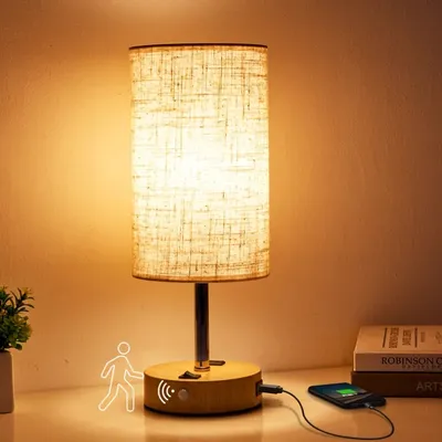 Motion Sensor Table Lamp USB Rechargeable Lamp Fabric Shade Desk Lamps Press Buttom Bedside Lamps for Bedroom Hallway Bathroom